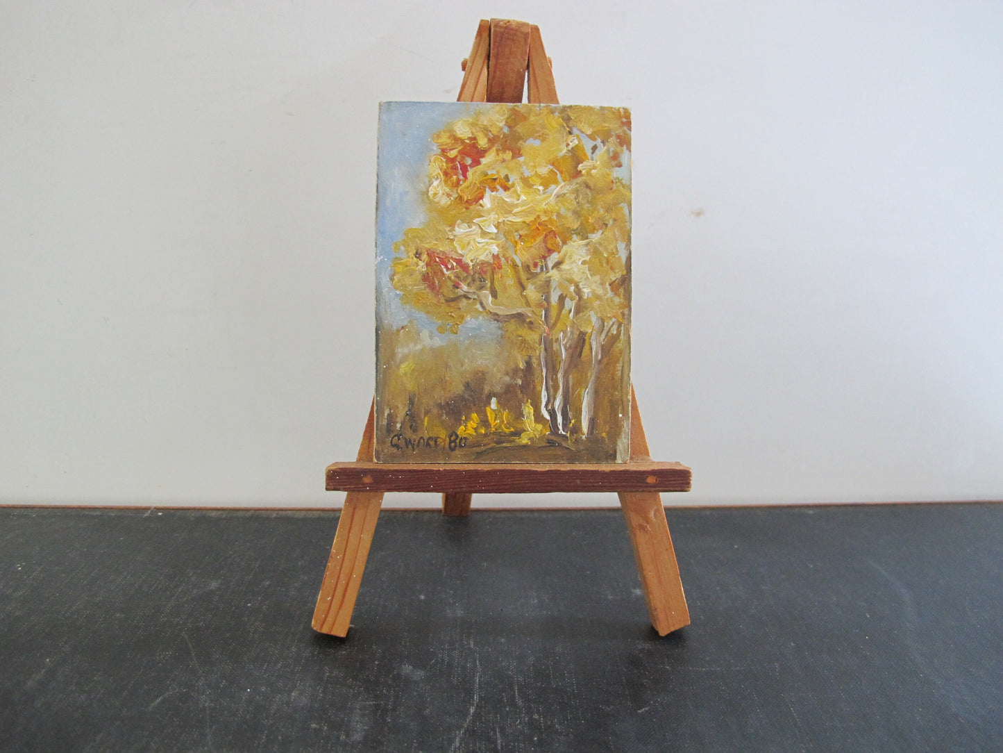 Tree Painting Miniature Autumn Fall Easel Artist Signed G. Ward 1980s