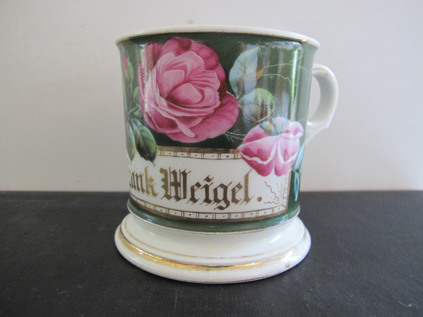 Shaving Mug Monogrammed Victorian Frank Weigel Gold with Roses 1880s 1890s 1800s
