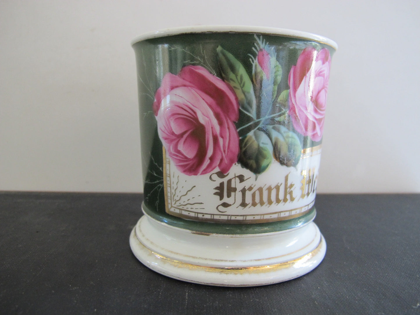 Shaving Mug Monogrammed Victorian Frank Weigel Gold with Roses 1880s 1890s 1800s