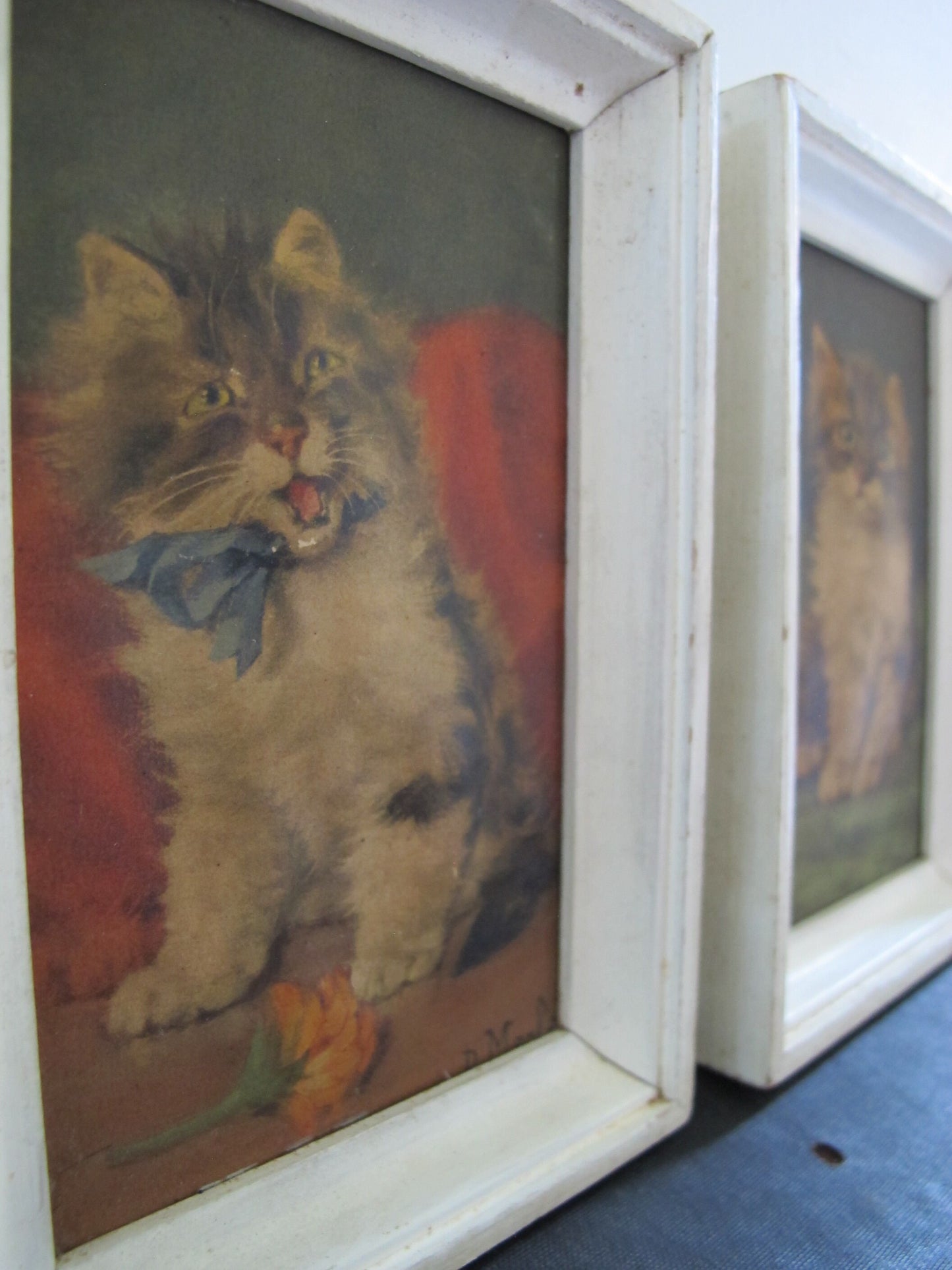 Pair Framed Cat Prints 3D Dimensional Embossed 1930s 1940s