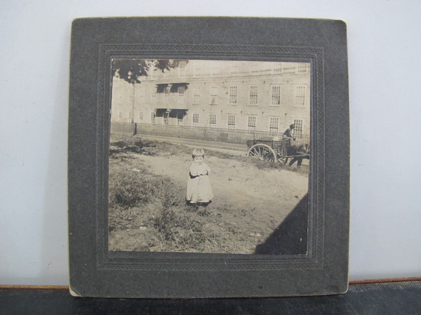 Victorian Photo Snapshot Pair Unposed Child Mill Factory Horse and Cart New Bedford Massachusetts 1890s 1900s
