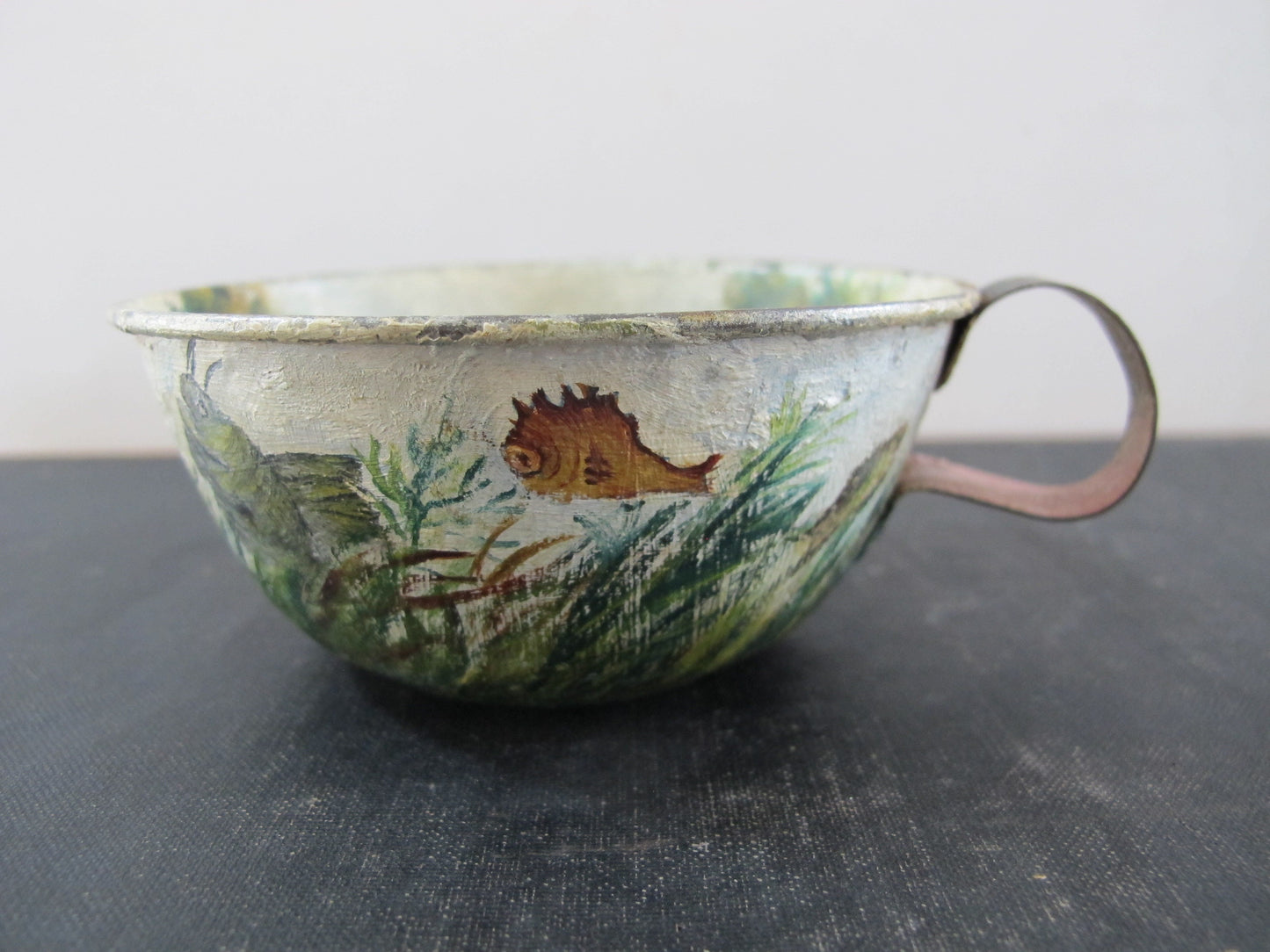 Tole Fishing Teacup Signed Dated 1890s Naive American Folk Art