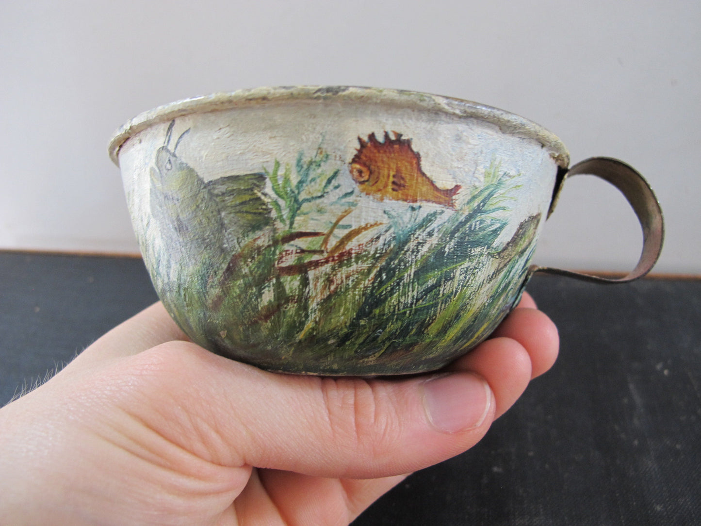Tole Fishing Teacup Signed Dated 1890s Naive American Folk Art