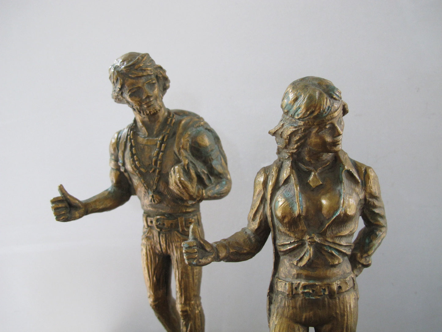 Sculptures Hitchikers Man and Woman Romanelli Jostens USA 9108 9109 Bronze Resin 1960s 1970s MCM Midcentury