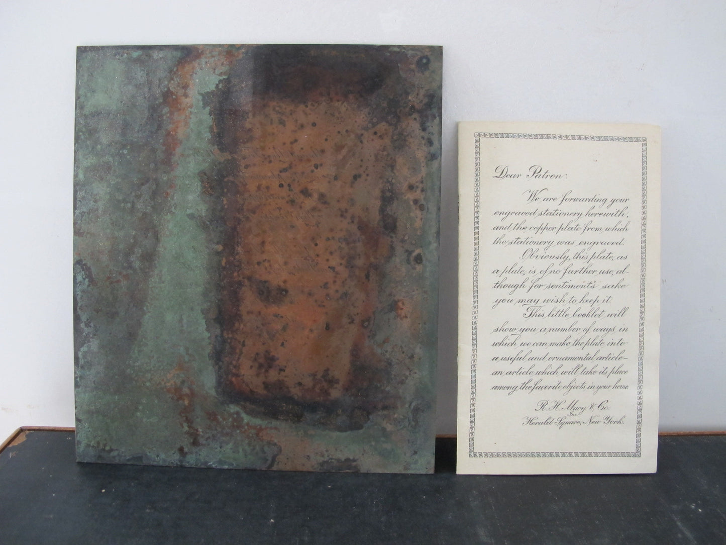 Wedding Invitation Engraved Copper Plate c. 1910 1920 Edwardian Verdigris