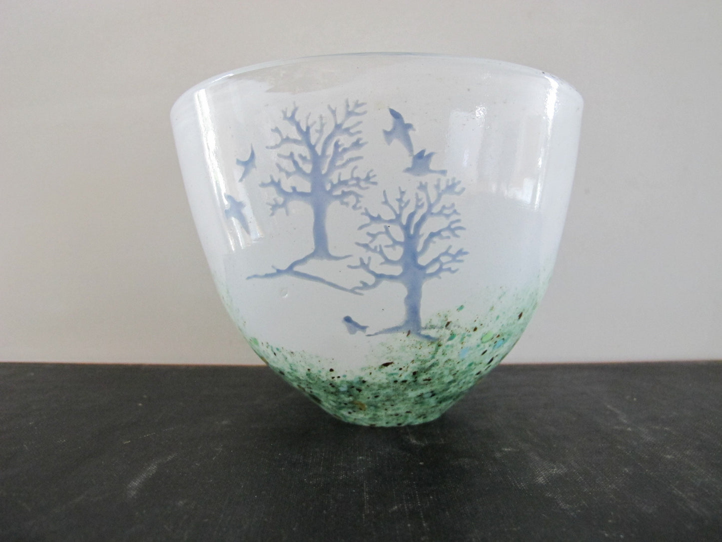 Vase Art Glass Forest and Birds Scene Mouth Blown 1970s 1980s