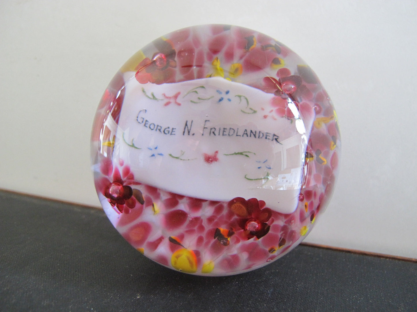 Paperweight End of Day with Name Plaque Monogrammed Millefiori Flowers George N. Friedlander Edwardian Style possibly Pierpoint and Repro