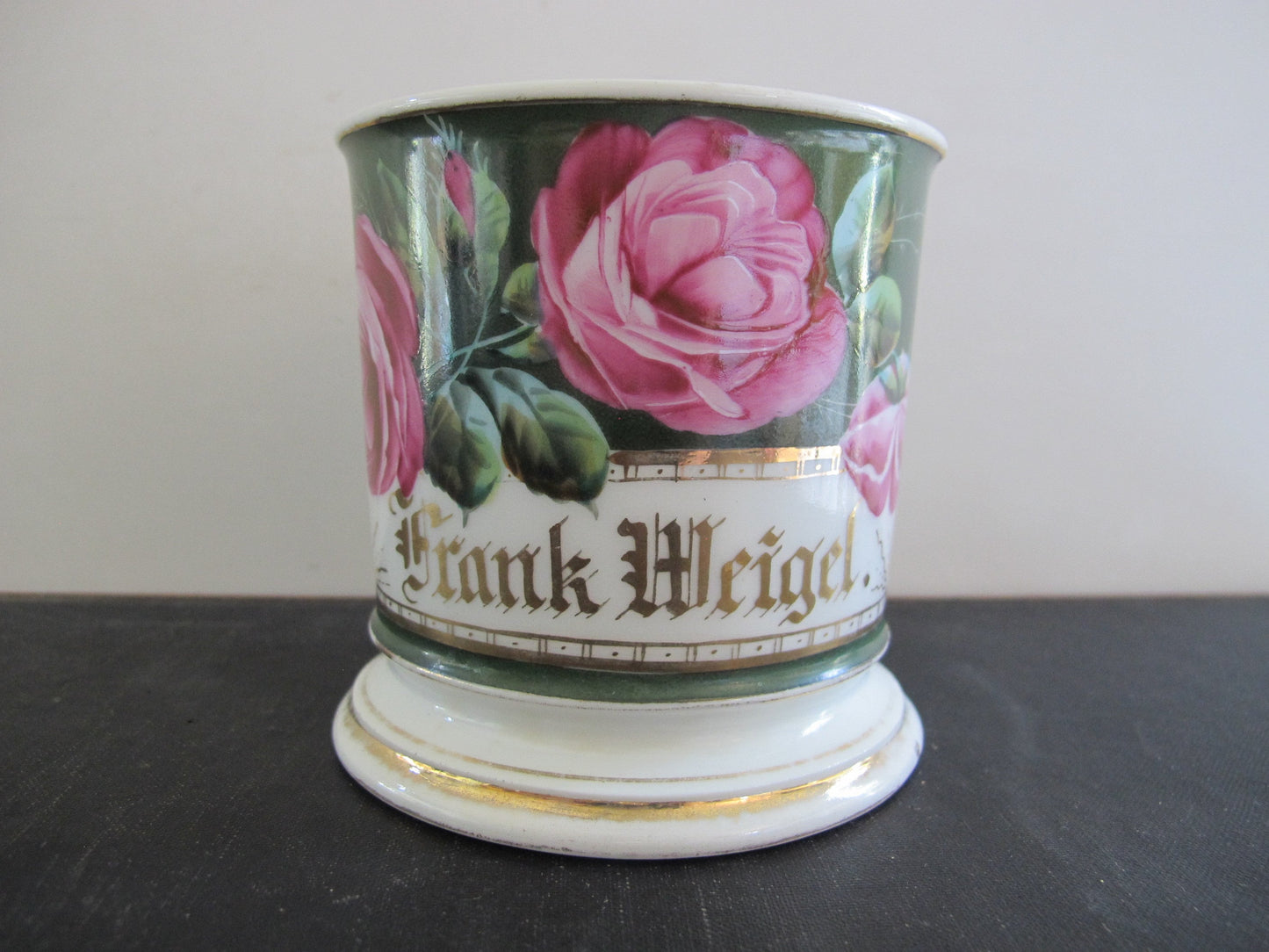 Shaving Mug Monogrammed Victorian Frank Weigel Gold with Roses 1880s 1890s 1800s