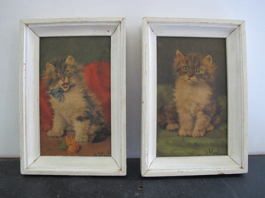 Pair Framed Cat Prints 3D Dimensional Embossed 1930s 1940s