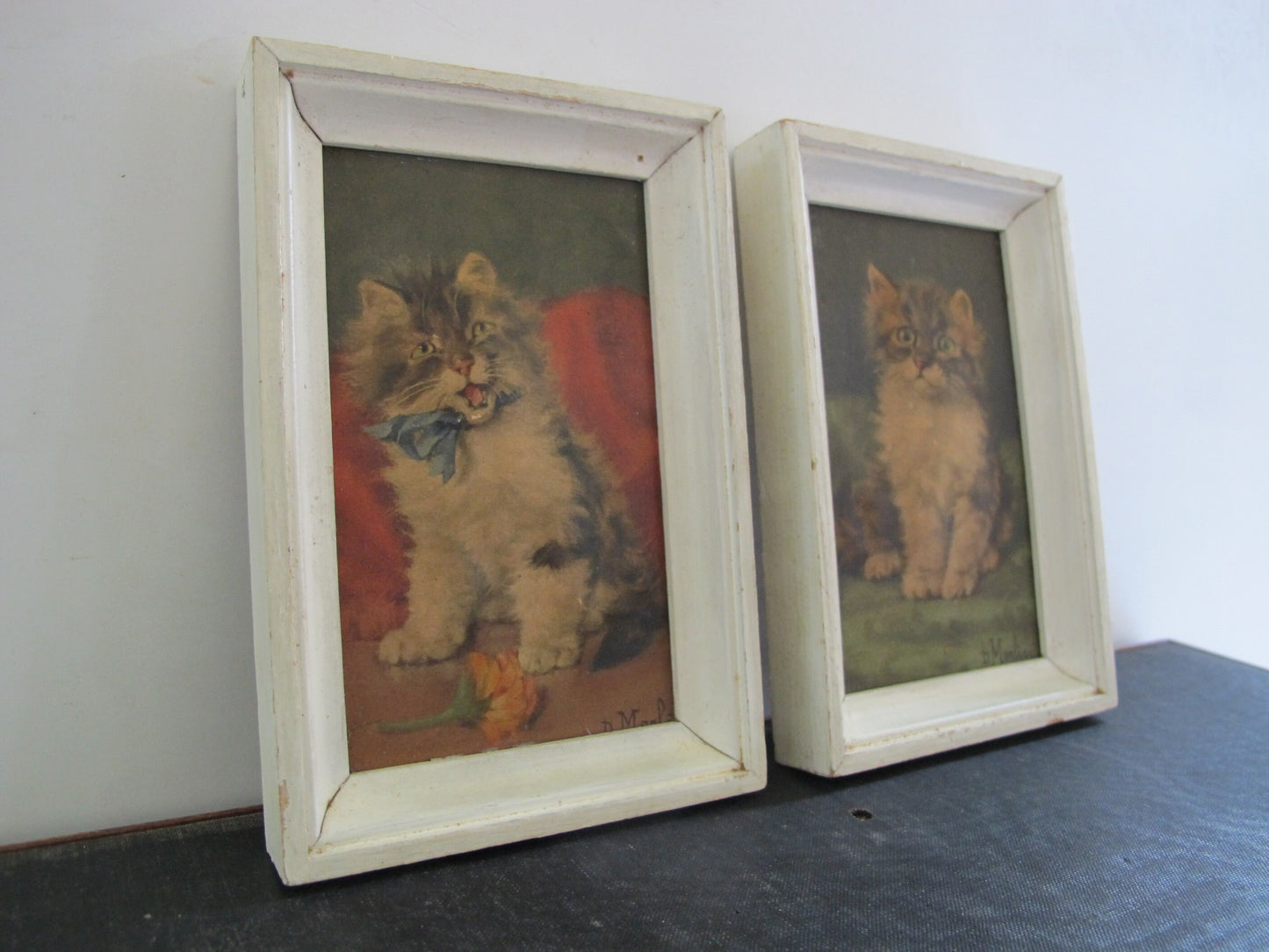 Pair Framed Cat Prints 3D Dimensional Embossed 1930s 1940s