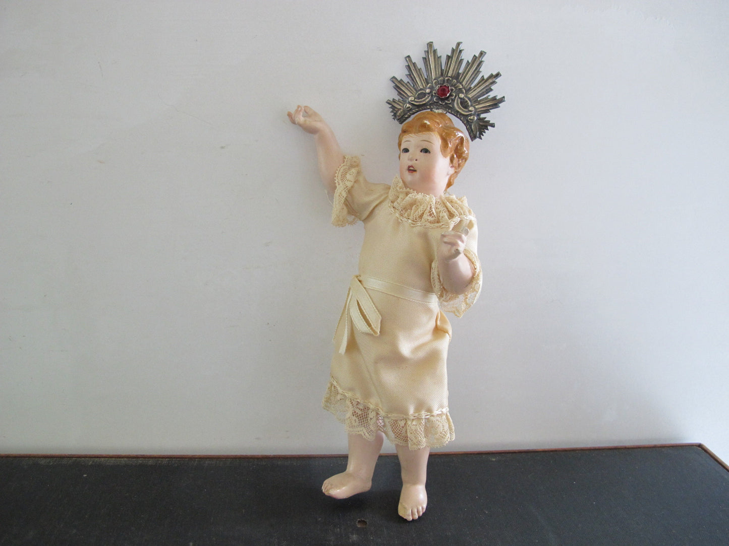 Christos Christ Plaster over Terracorra Inset Glass Eyes Solid Sterling Silver Jeweled Halo 1910s 1920s