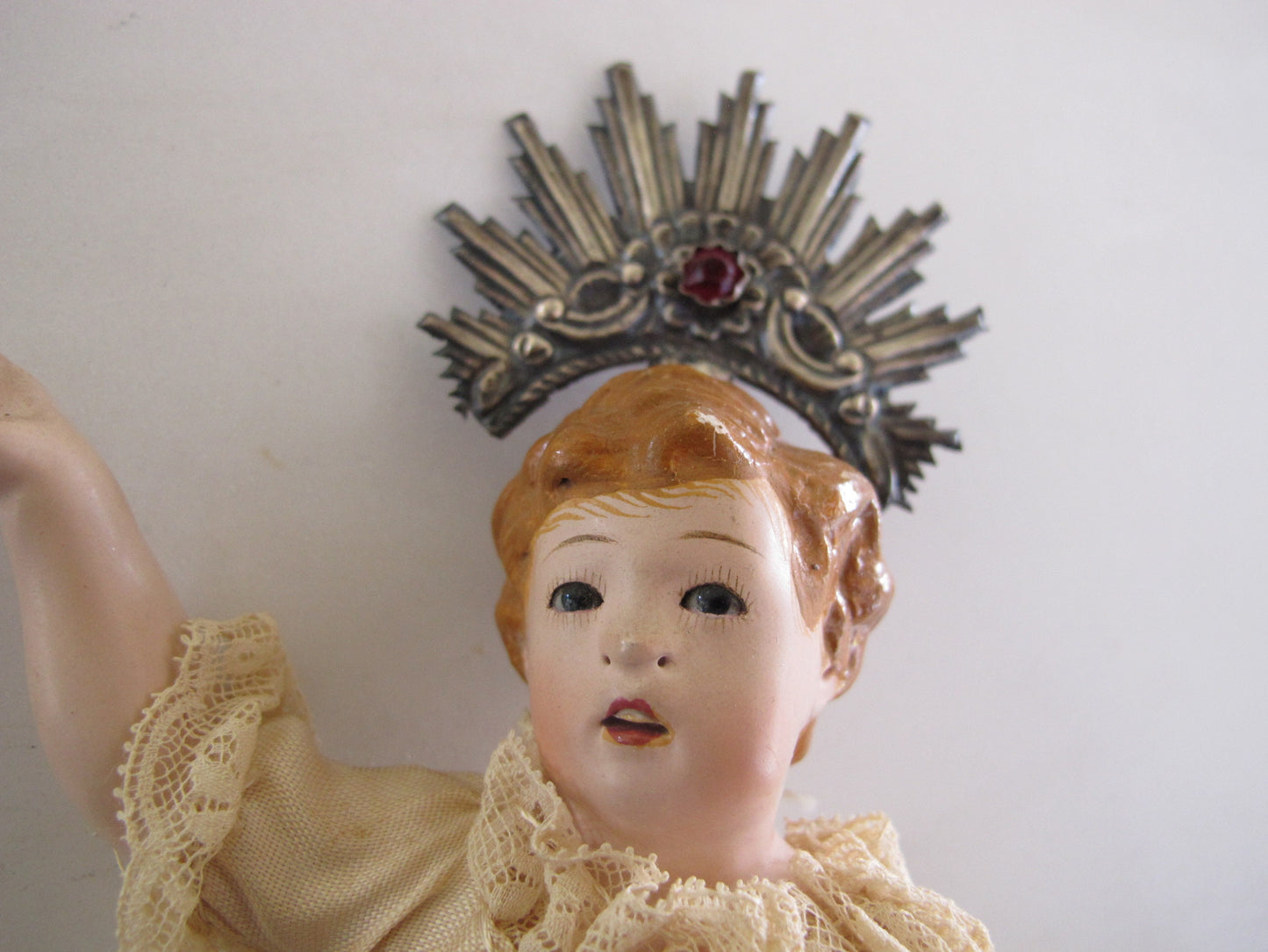 Christos Christ Plaster over Terracorra Inset Glass Eyes Solid Sterling Silver Jeweled Halo 1910s 1920s