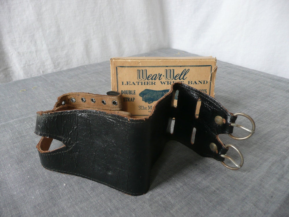 Leather Wrist Band Black Leather Chamois Lined Original Box Antique Industrial