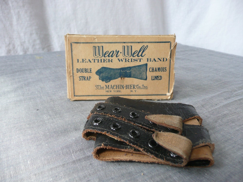 Leather Wrist Band Black Leather Chamois Lined Original Box Antique Industrial