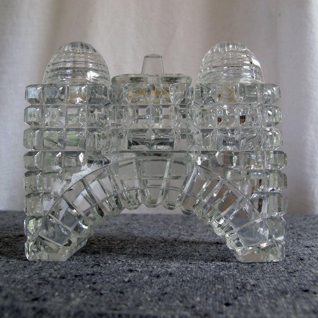 Crystal Salt and Pepper Shakers with Cruet Architectural Art Deco Cut in Bridge Form 1920s