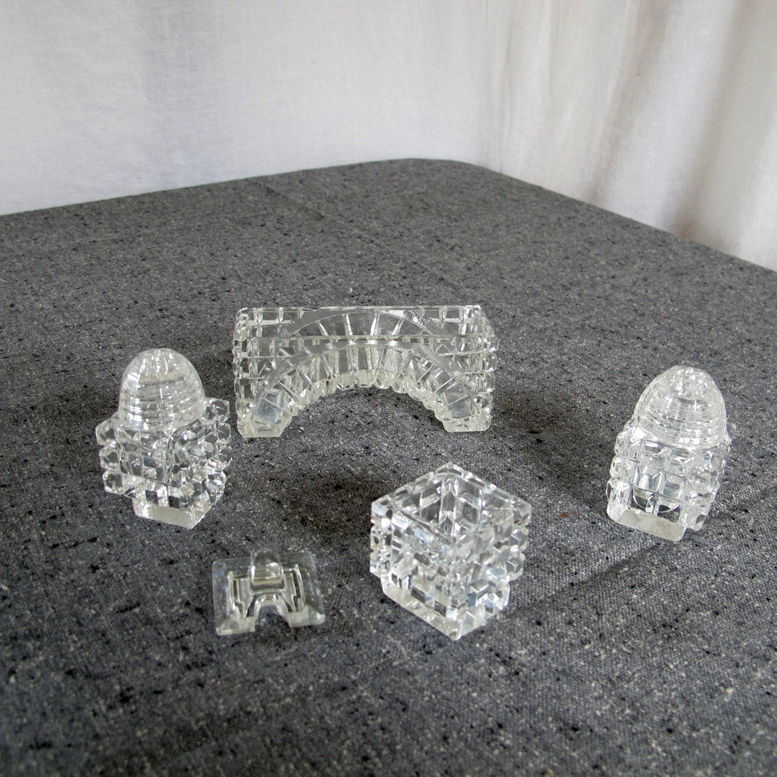 Crystal Salt and Pepper Shakers with Cruet Architectural Art Deco Cut in Bridge Form 1920s