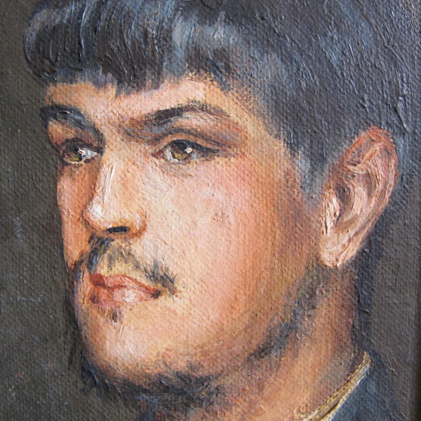 Tiny Painting Oil on Canvas of Bearded Male Youth c. 1920 1930