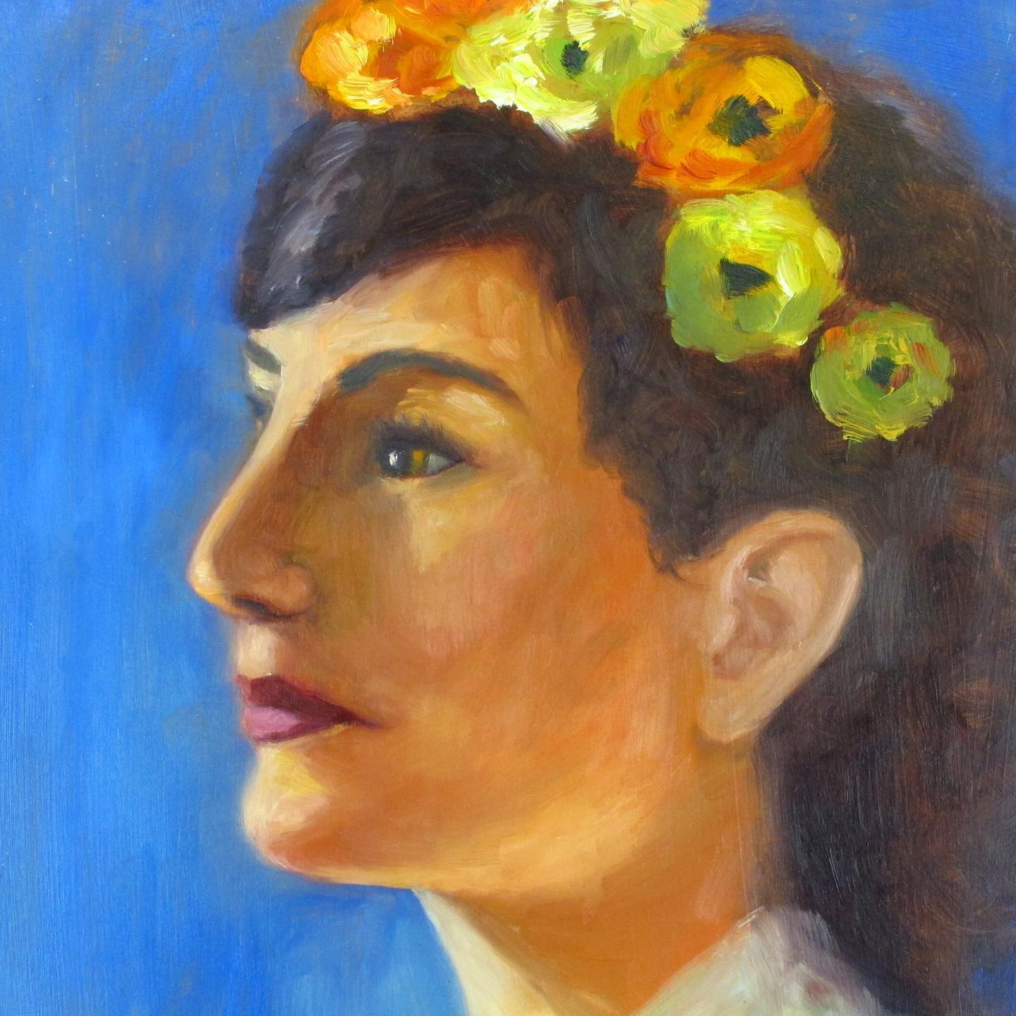 Portrait Oil on Board of Woman with Flowers in her Hair, c. 1970