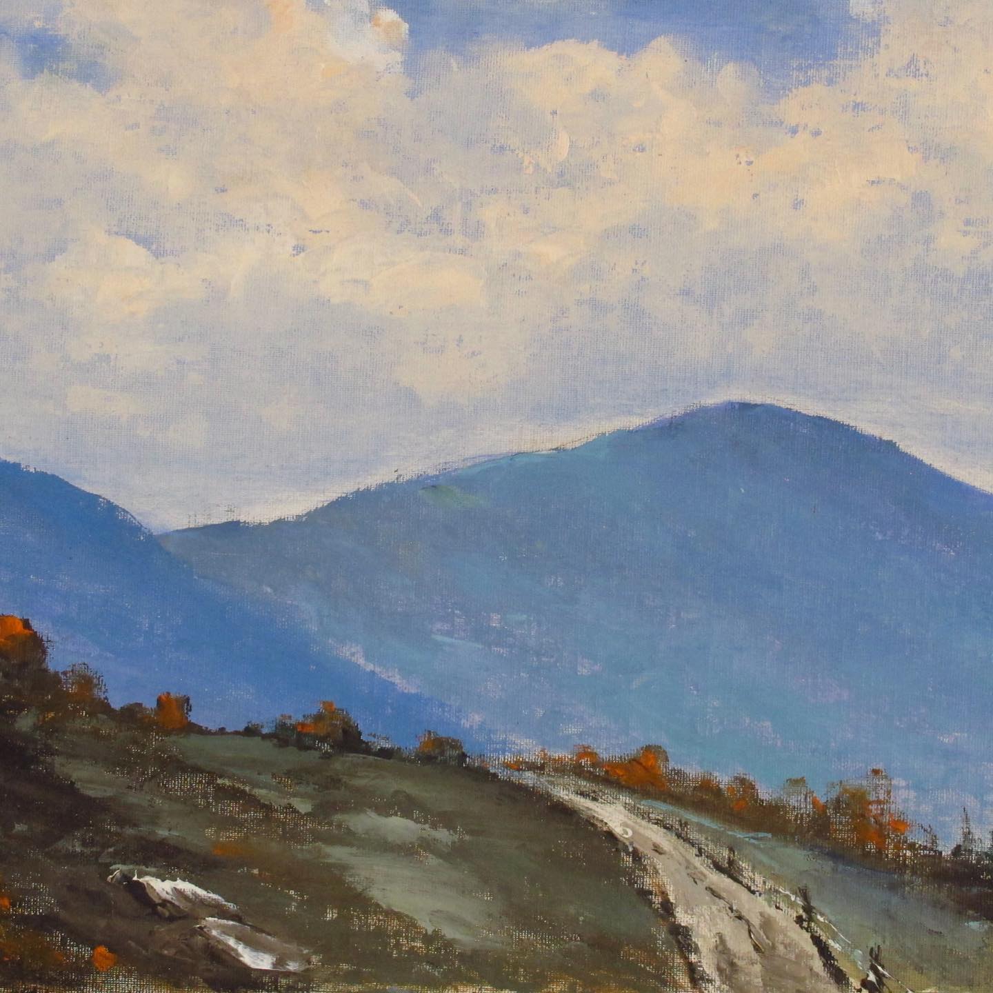 Oil Painting on Board, artist signed Chas Reid, Blue Mountain with Road Landscape, c. 1970