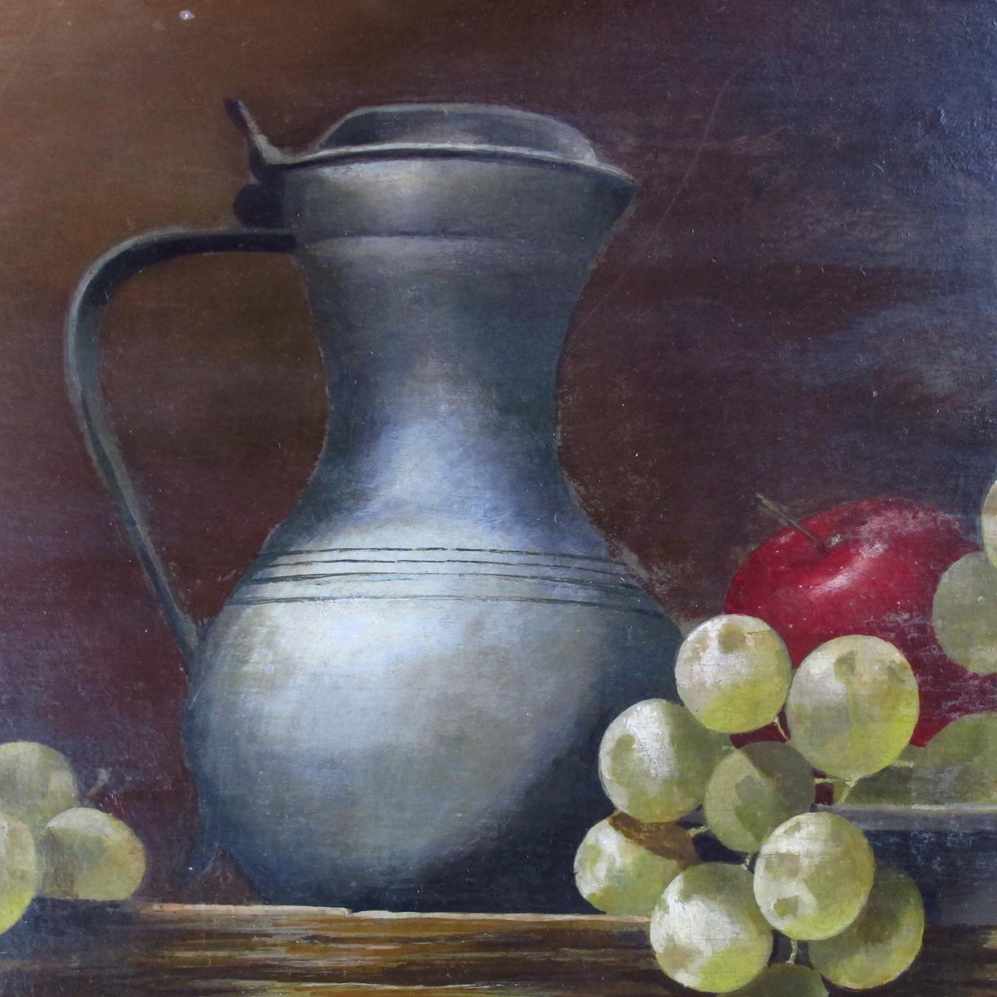 AV Signed French Trompe l'Oeil Still Life Painting on Board of Grapes,and Apple, Pewter, Wooden Tabletop, c. 1920