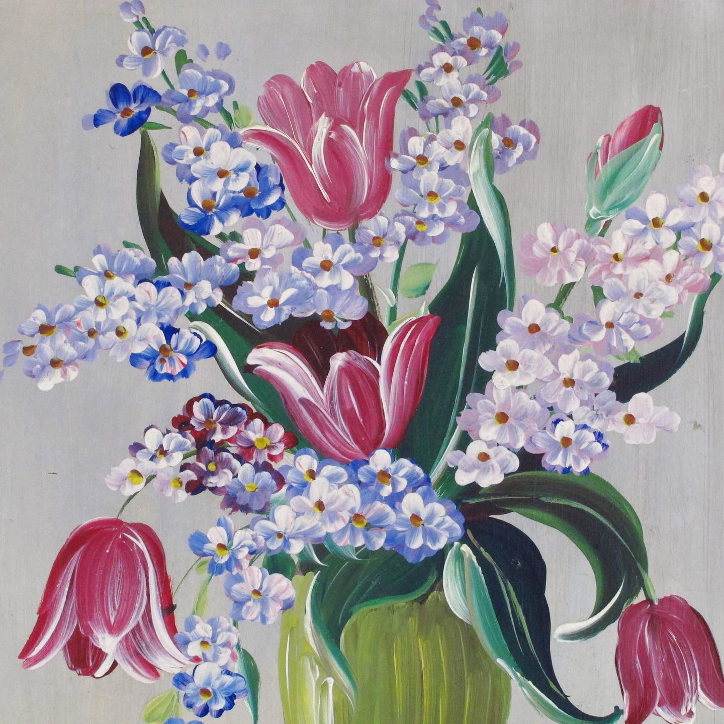 Dutav Signed Still Life of Tulips and Lilacs, c. 1950, very Dorothy Draper