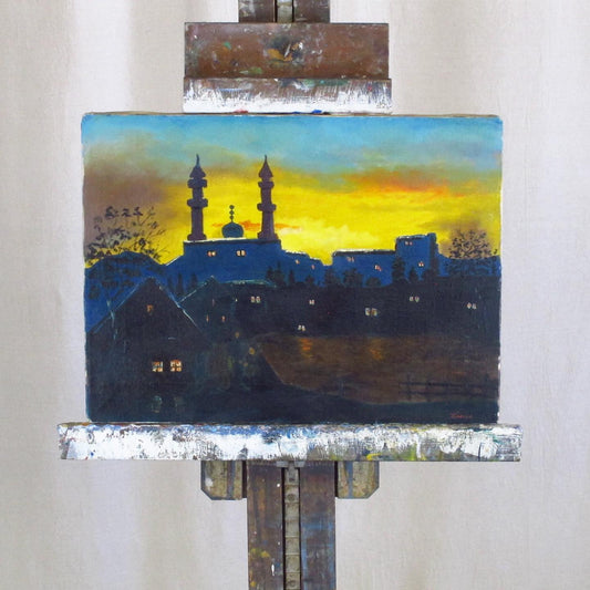 Oil on Canvas Painting, Lisa Signed Cityscape with Mosque at Twilight c. 1970