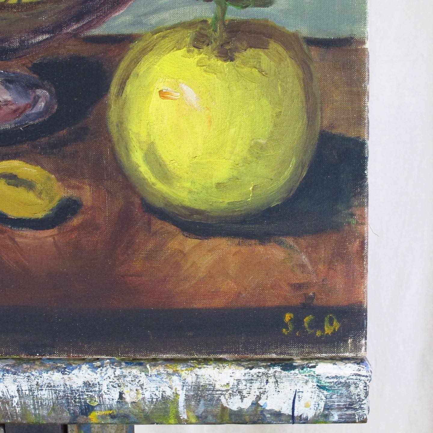 Oil on Canvas Painting, SCD Artist Signed French Still Life of Persimmon, Mangos and Orange Fruit in Compote, c. 1950