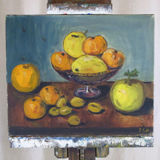 Oil on Canvas Painting, SCD Artist Signed French Still Life of Persimmon, Mangos and Orange Fruit in Compote, c. 1950