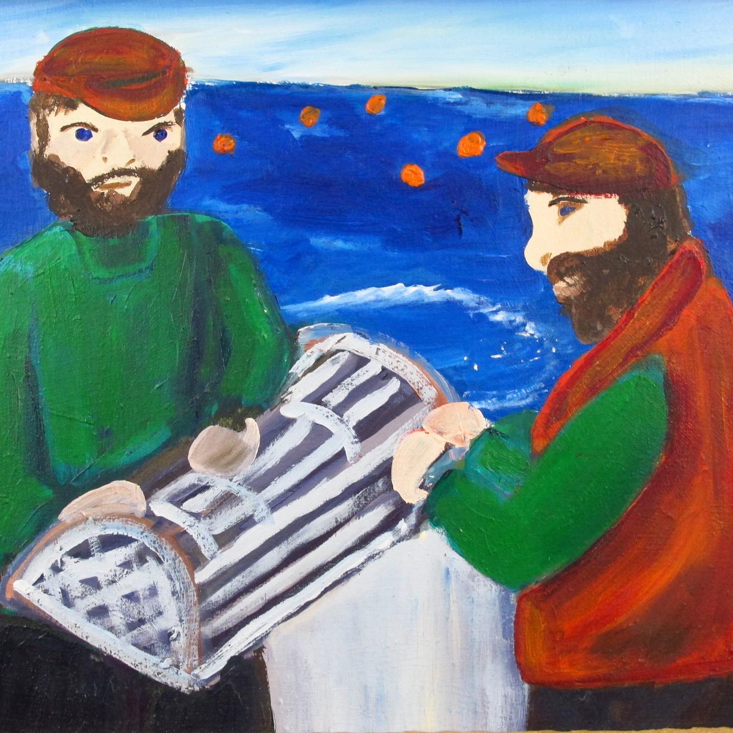 Mainaes Signed "these are my relatives lobstering" Folk Art Painting depicting Lobstermen, Ocean, Bouys, presented in artist-made frame
