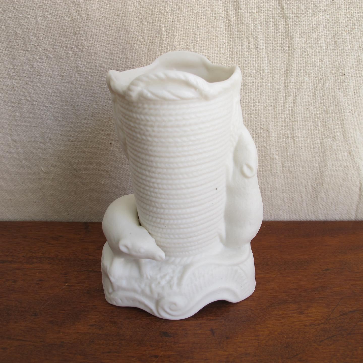 Antique Parian porcelain vase with figural mice, exploring a coil of rope, extremely rare, c. 1860 1870