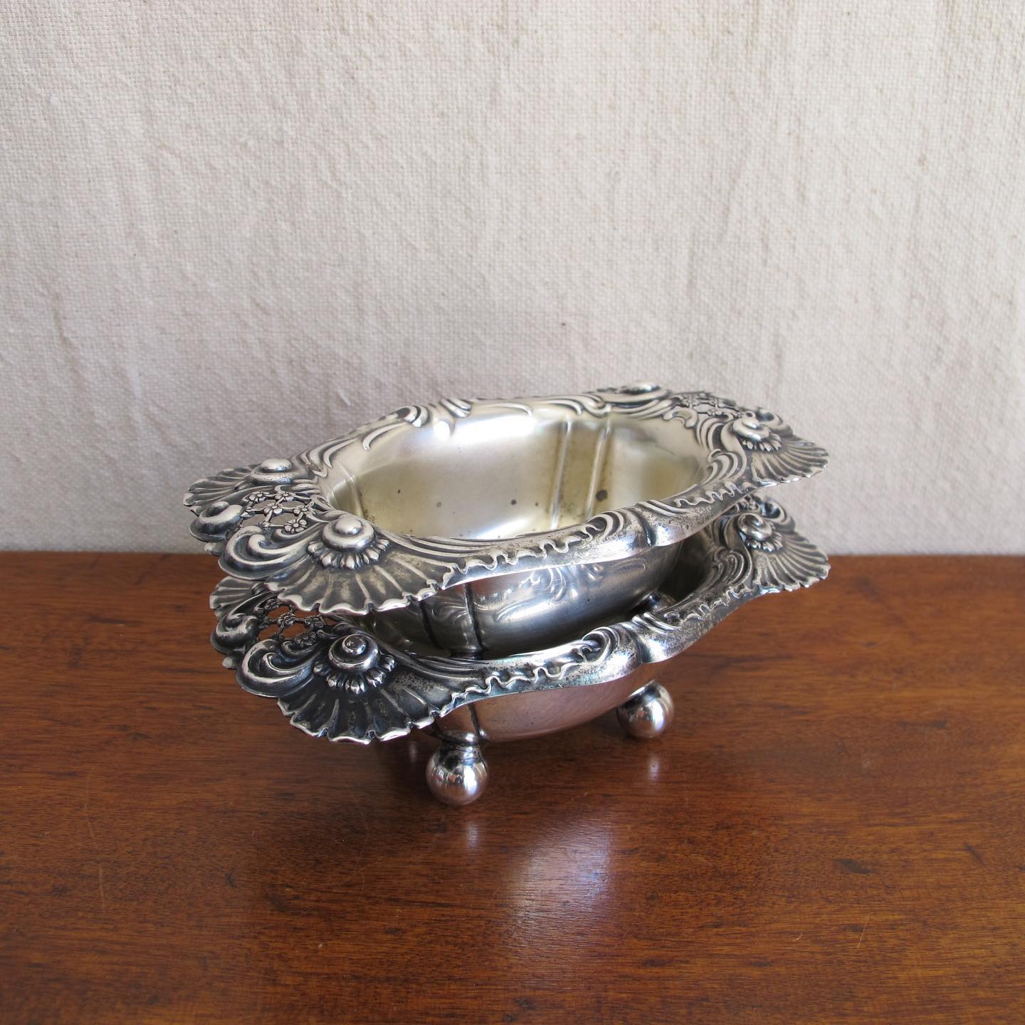 Pair of reticulated sterling silver nut dishes or salt cellars, LARGE, “Dresden” pattern by Whiting, c. 1890 1900