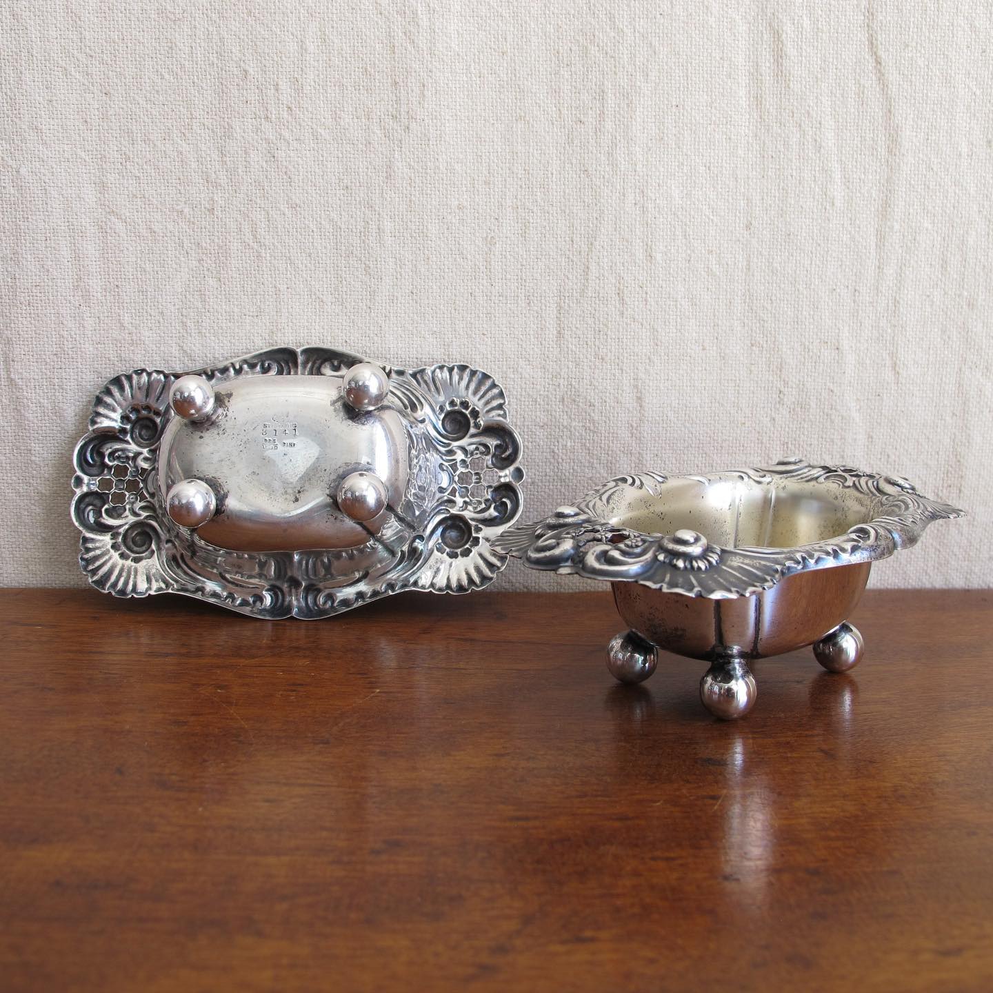 Pair of reticulated sterling silver nut dishes or salt cellars, LARGE, “Dresden” pattern by Whiting, c. 1890 1900