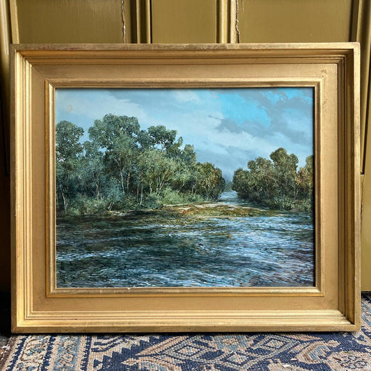Oil painting on board, “High Water Blackstone River” by Teri Malo