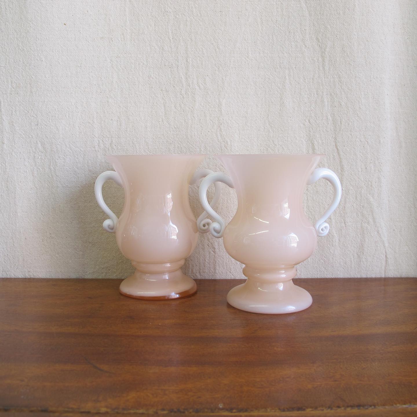 Pair of Czech art glass urn-form vases in shell pink opaline glass, c. 1920 1930