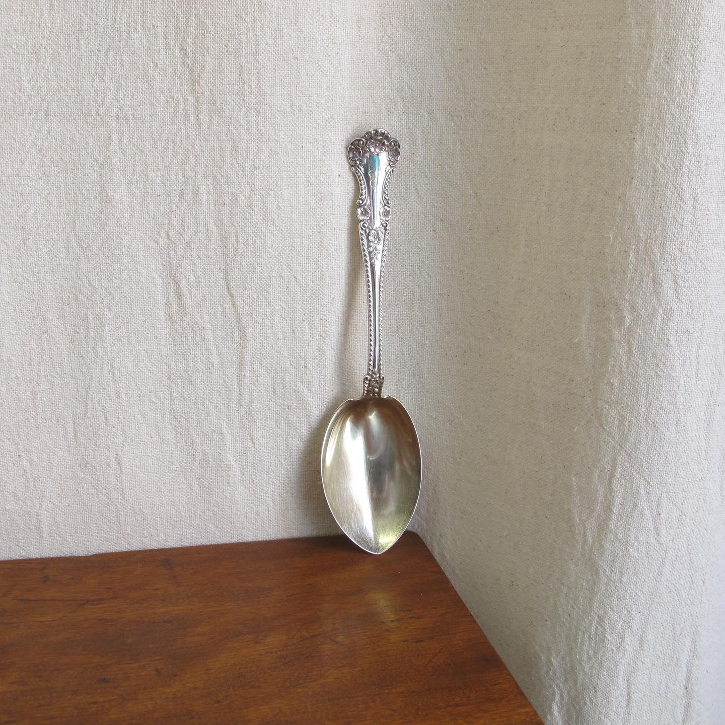Large Victorian Gorham sterling silver ‘Cambridge’ salad or serving spoon, lobed bowl with remnants of a gold wash, dated 1899