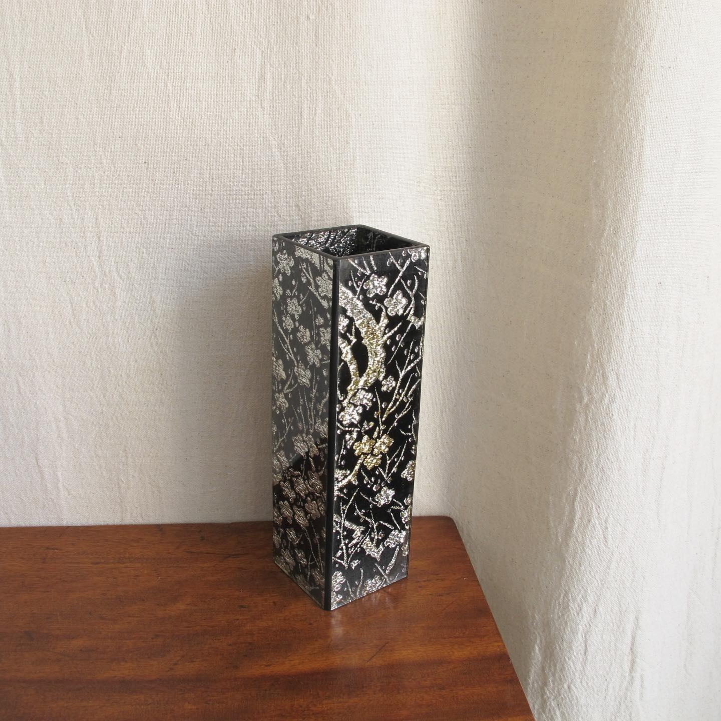 Japanese vase composed of fine metallic kimono silk encased in glass, made by Kano, c.1970