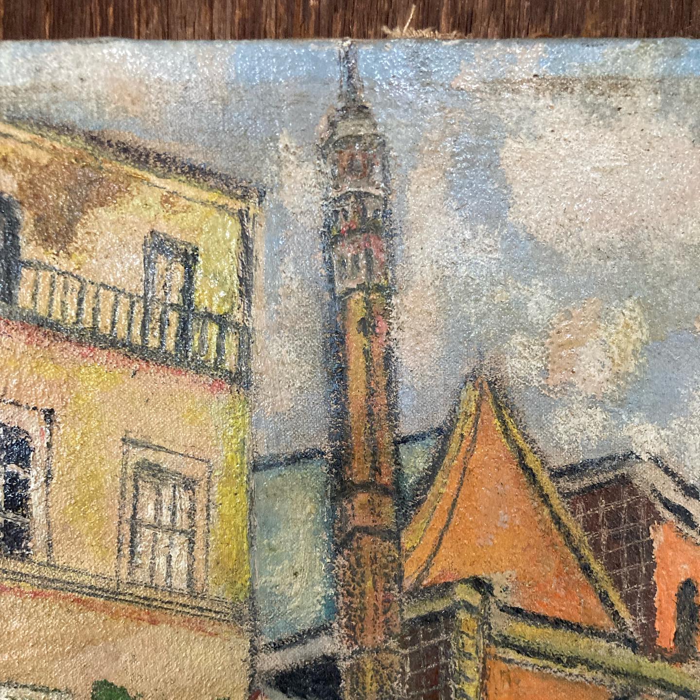 Small naive oil on canvas painting, French or more likely North African, possibly Algeria, Morocco or Egypt, with minaret, c. 1930