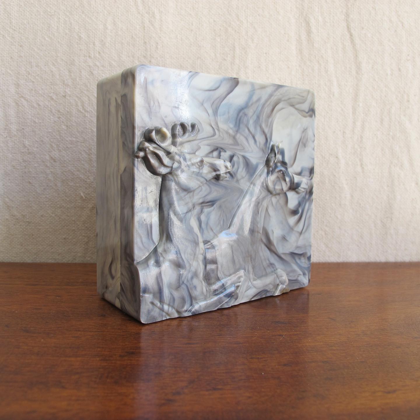 Early marbled celluloid box with relief of deer to the lid by Hickok, c. 1940s