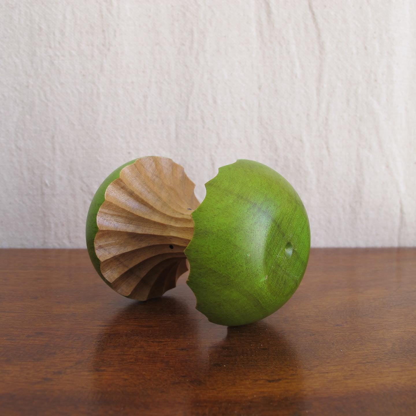 Wooden eaten green apple, masterfully carved, c. 1970 treen