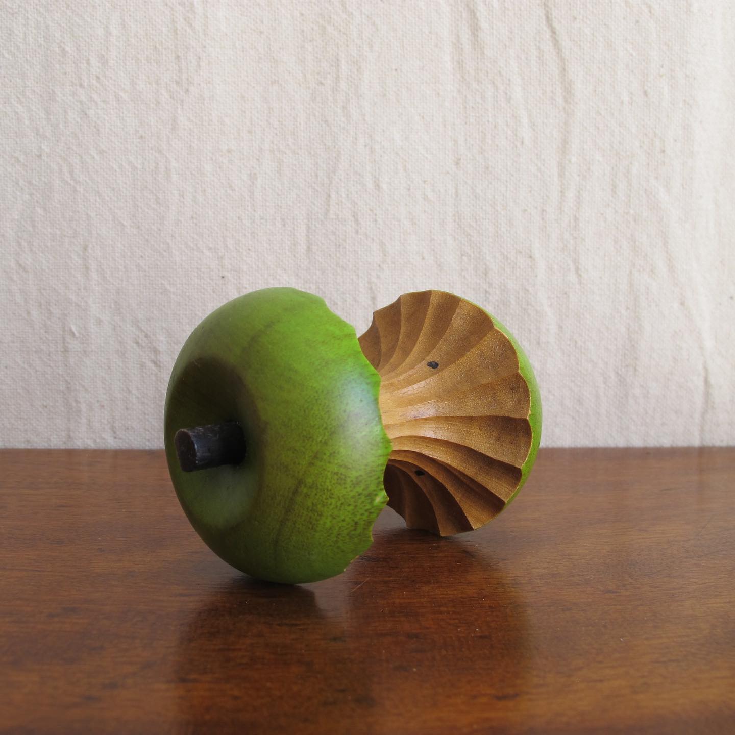 Wooden eaten green apple, masterfully carved, c. 1970 treen