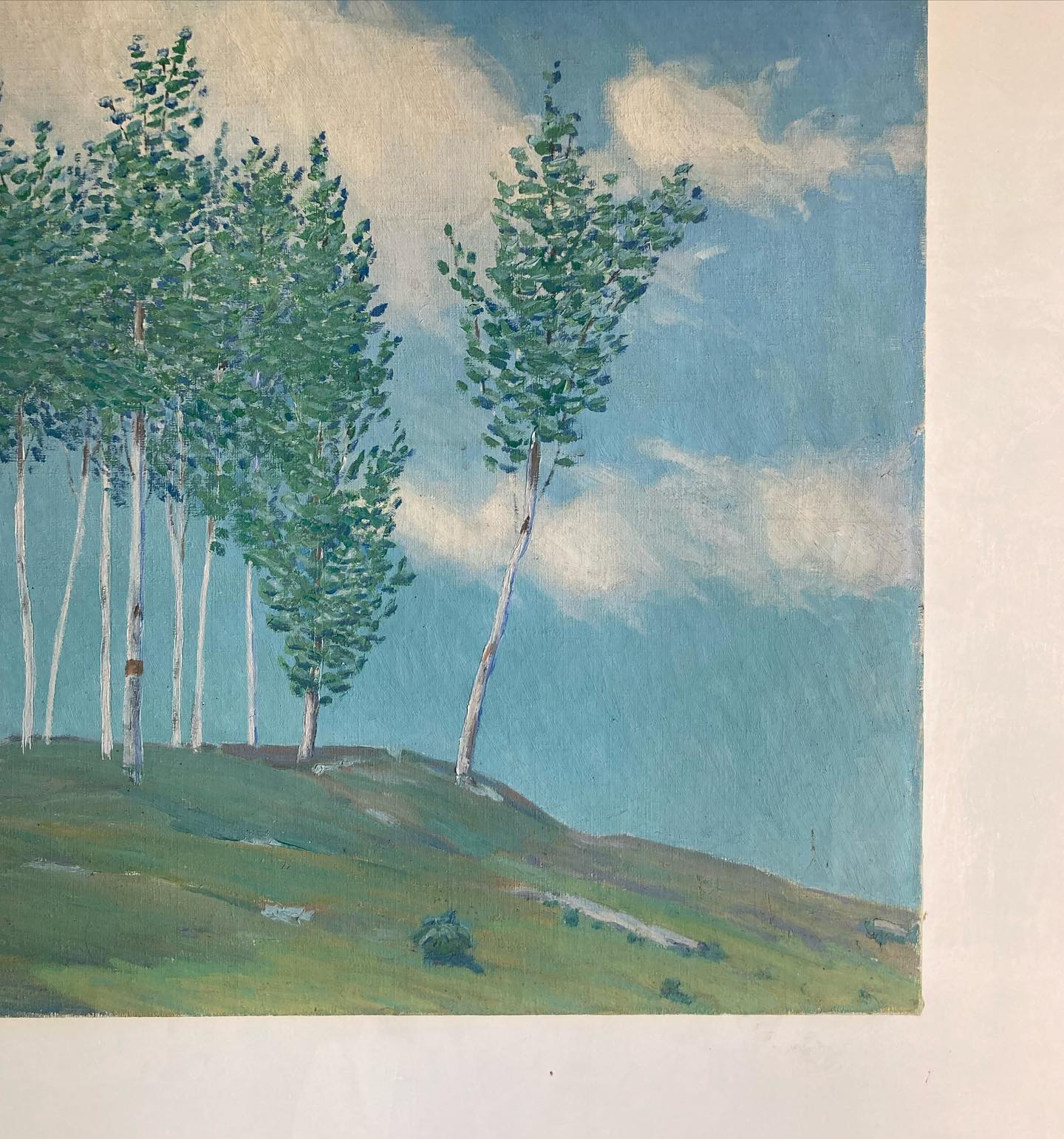 American Impressionist oil on canvas painting of trees on a ridge, possibly New Hampshire, c. 1910