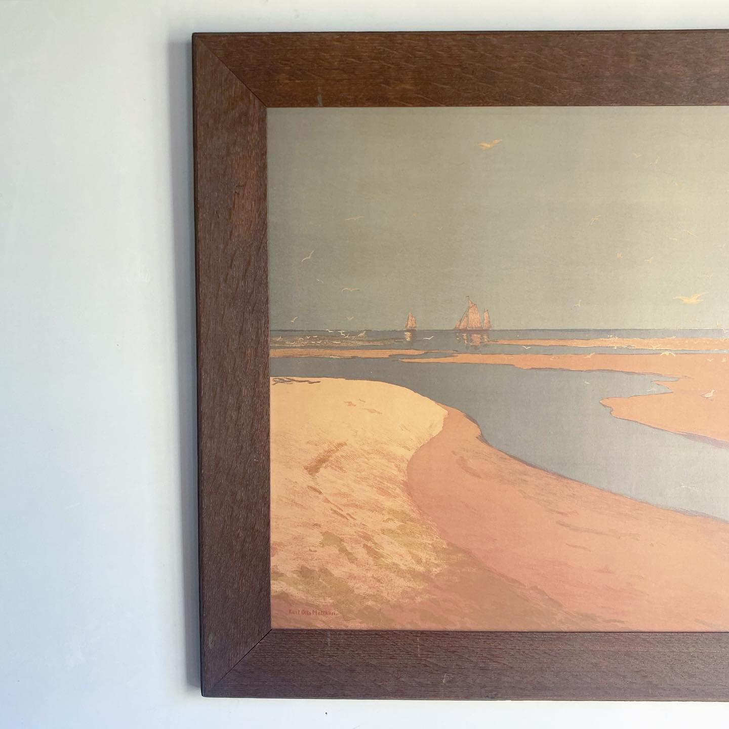 Carl Otto Matthaei seascape framed in original high Arts and Crafts / Mission oak, c. 1910 chromolithograph in iridescent inks