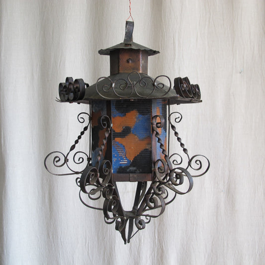 Rare 1920s California Spanish Colonial lantern in delicately wrought copper and reverse painted glass