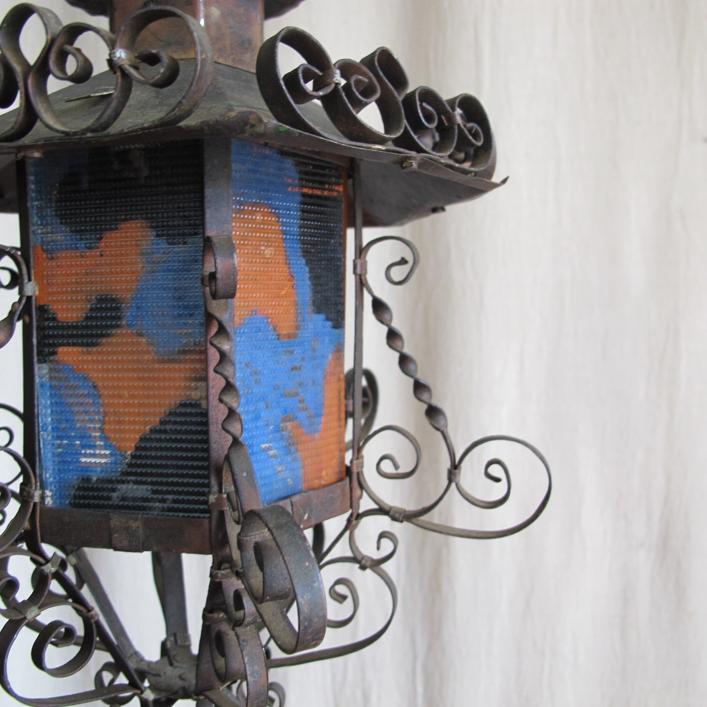 Rare 1920s California Spanish Colonial lantern in delicately wrought copper and reverse painted glass