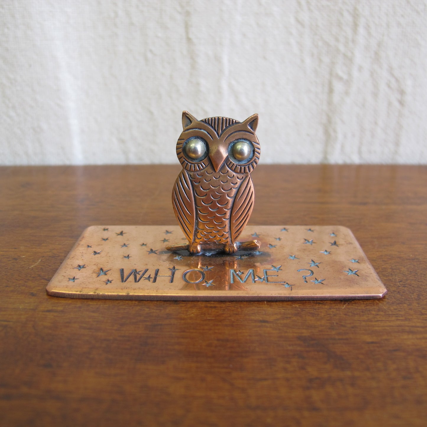 Art Deco copper 1930's 'who me?' owl Valentine