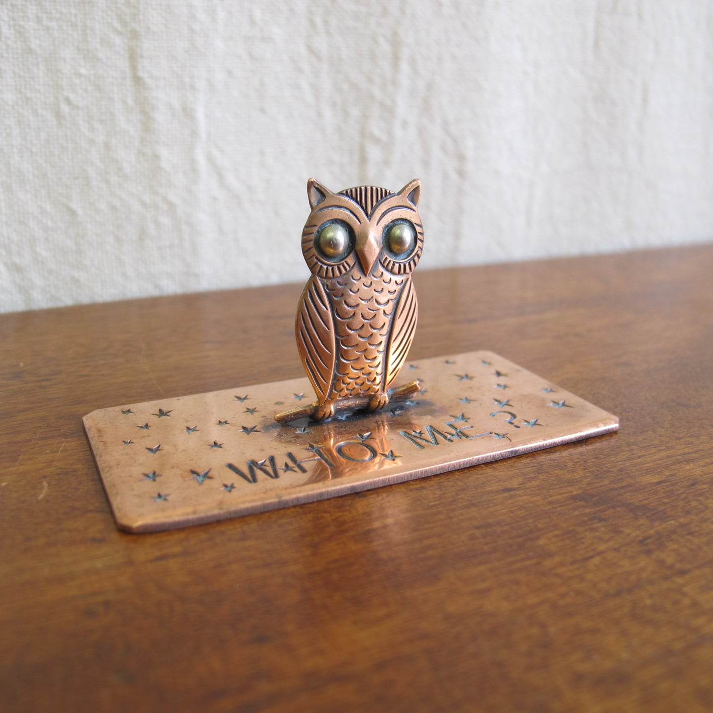 Art Deco copper 1930's 'who me?' owl Valentine