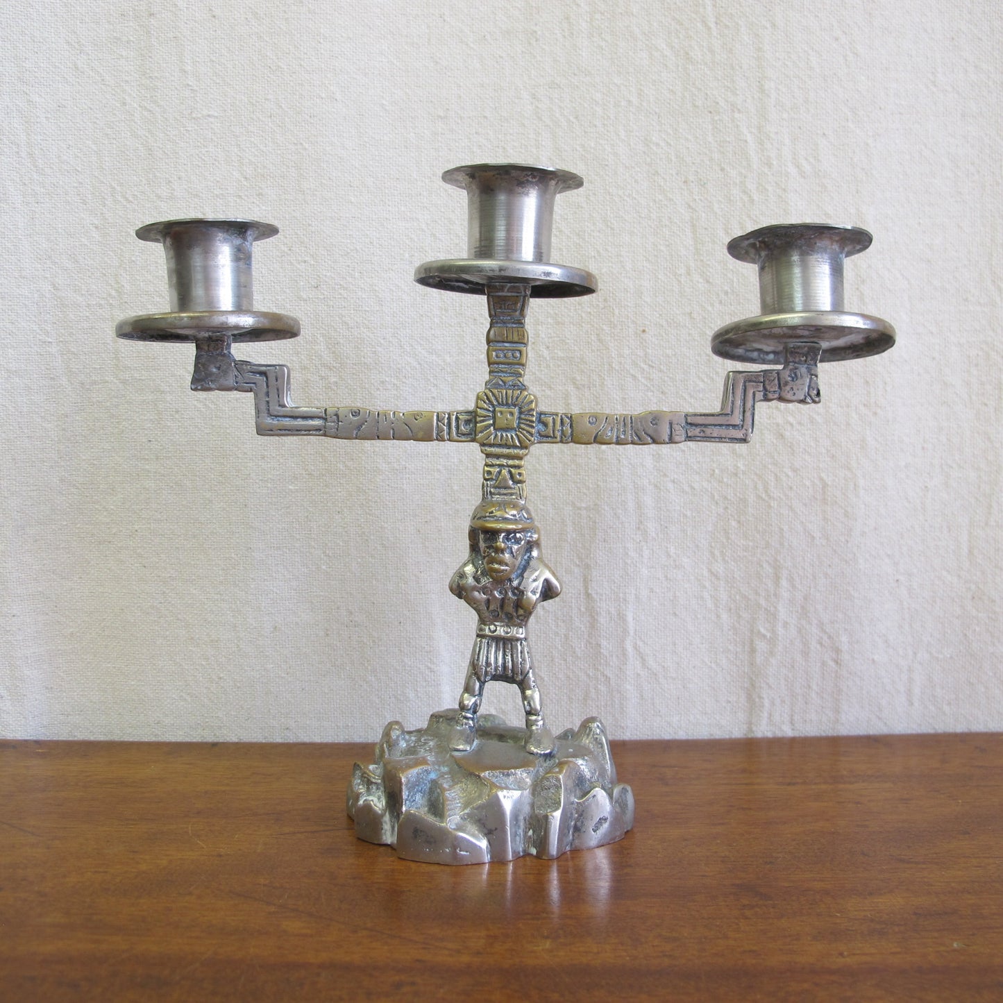 Aztec Revival candelabra with miner as Atlas, solid brass and nickel, c. 1920