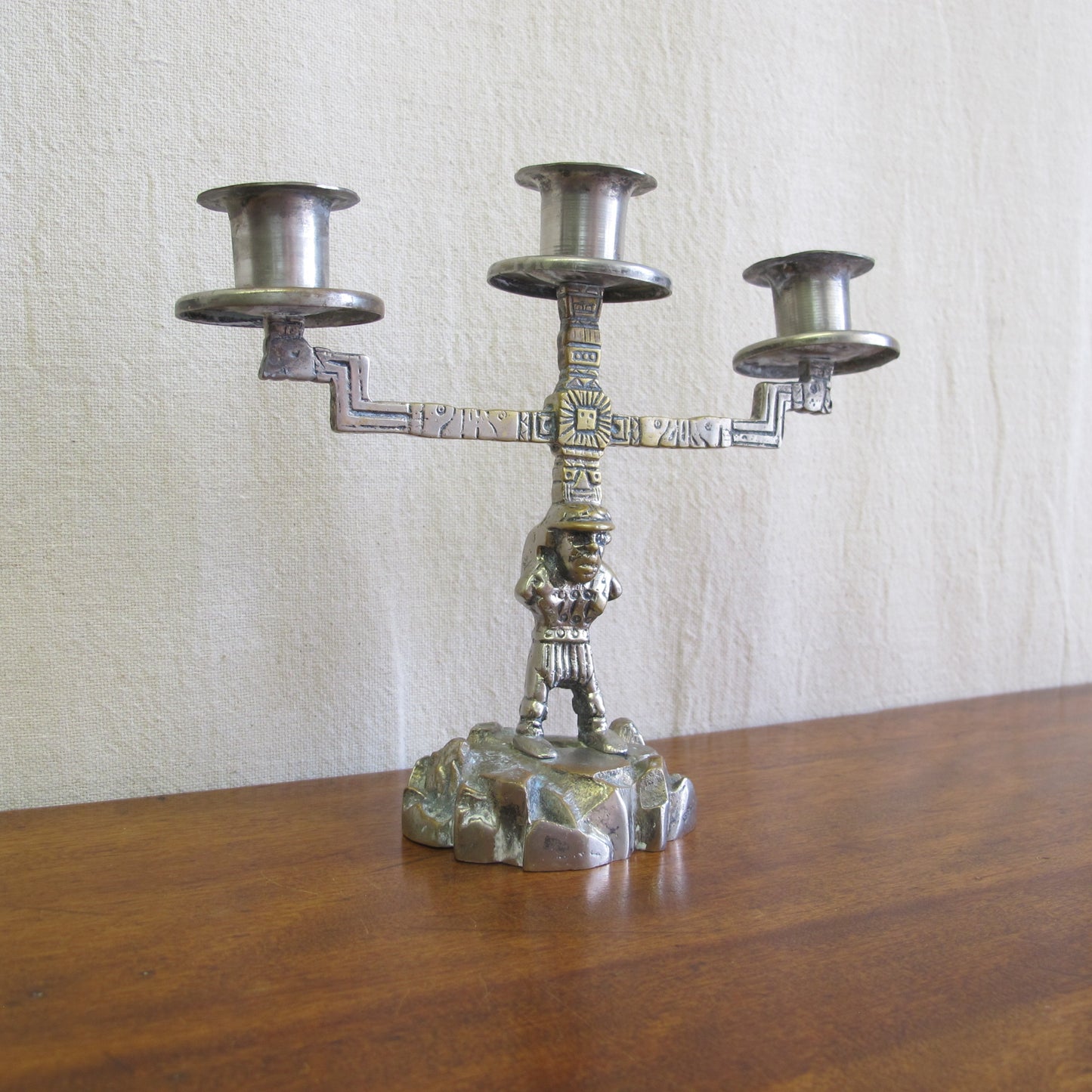 Aztec Revival candelabra with miner as Atlas, solid brass and nickel, c. 1920