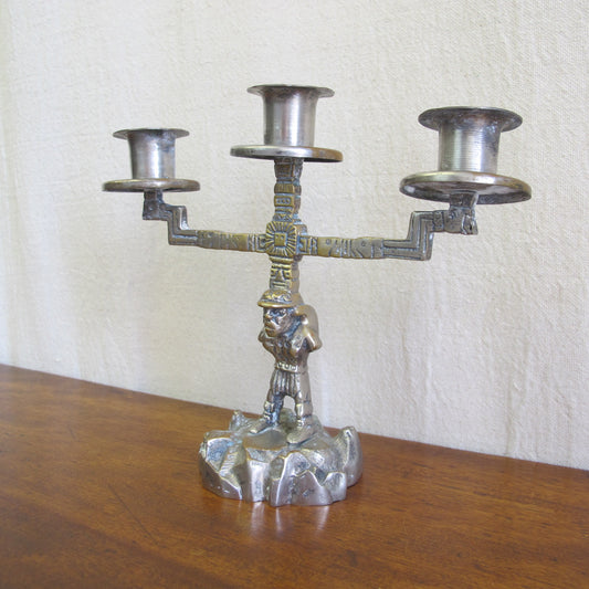 Aztec Revival candelabra with miner as Atlas, solid brass and nickel, c. 1920