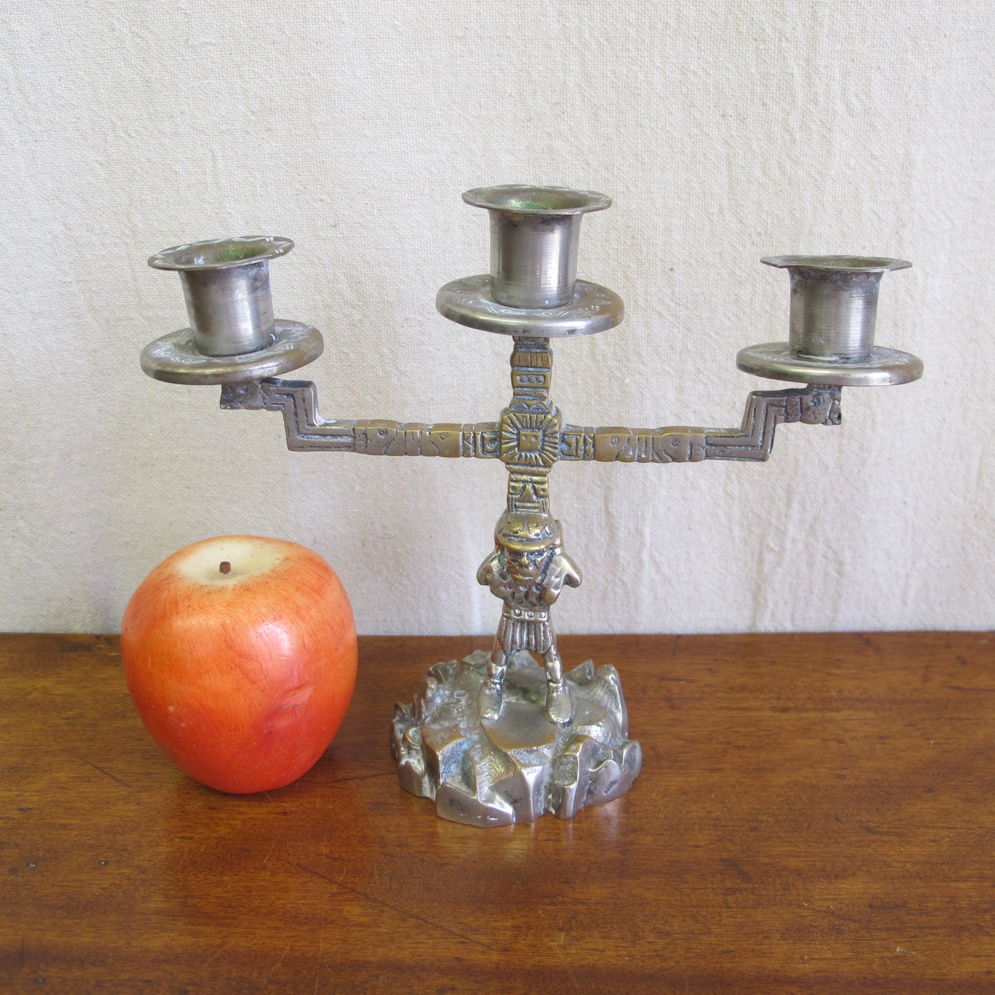 Aztec Revival candelabra with miner as Atlas, solid brass and nickel, c. 1920